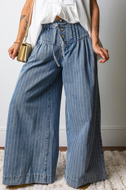 Stripes For The Day Pleated Drawstring Casual Wide Leg Jeans