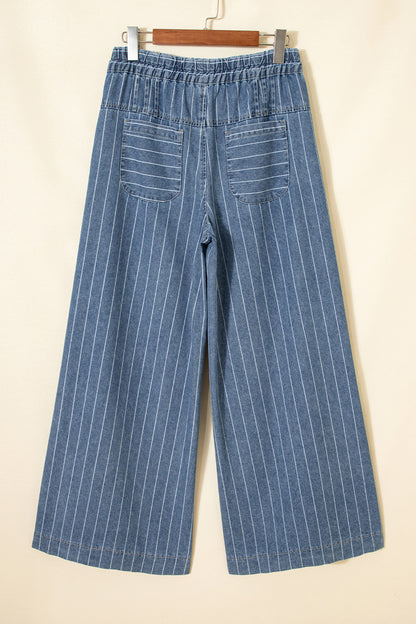 Stripes For The Day Pleated Drawstring Casual Wide Leg Jeans