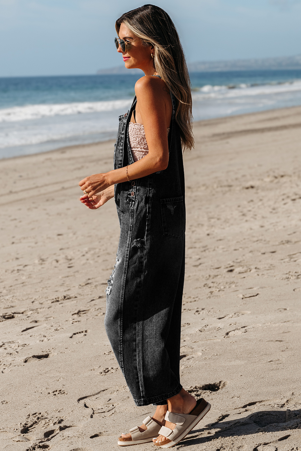 Blue Or Black Distressed Wide Leg Denim Overall