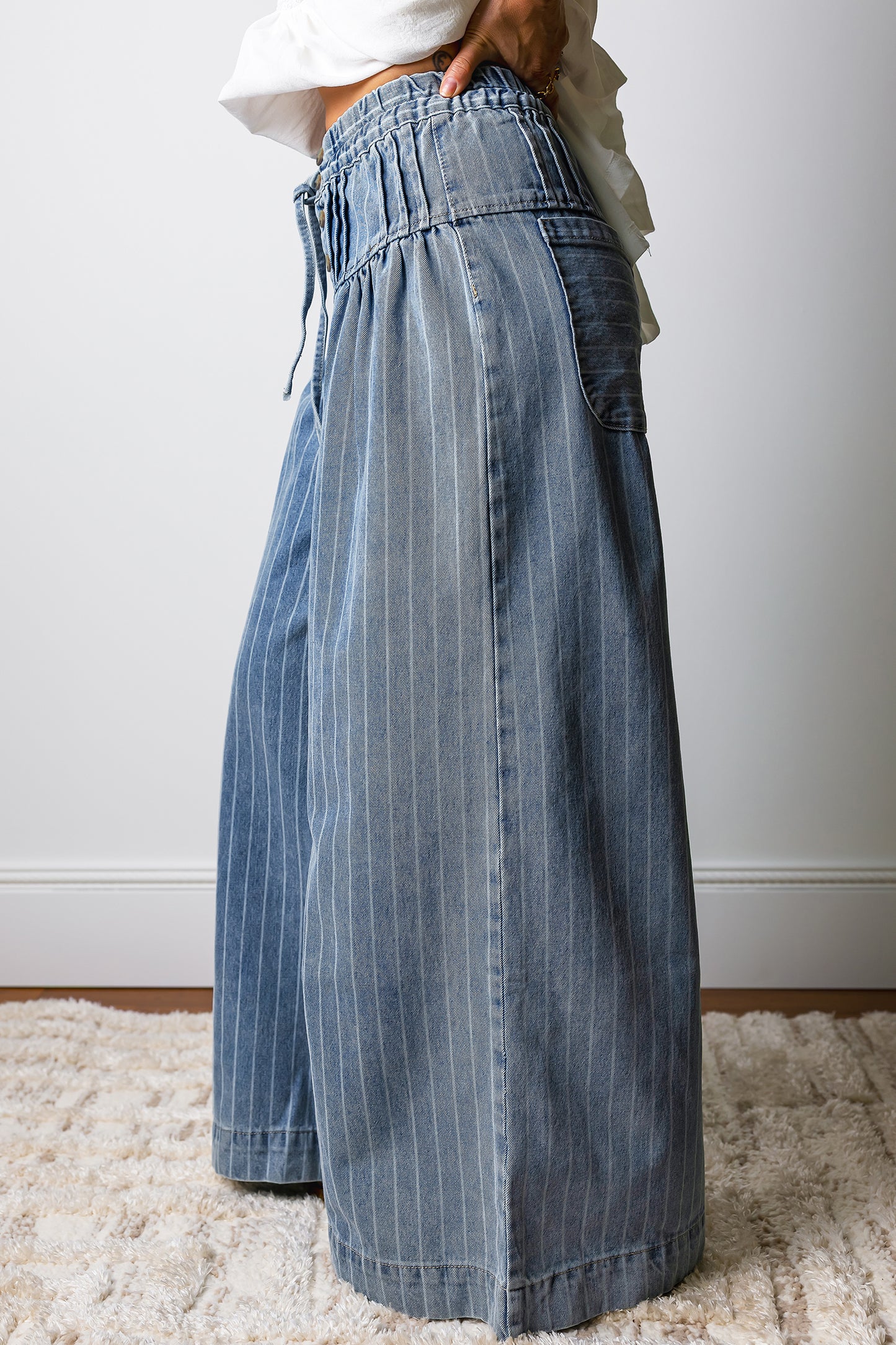 Stripes For The Day Pleated Drawstring Casual Wide Leg Jeans