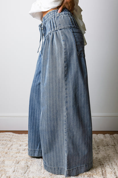 Stripes For The Day Pleated Drawstring Casual Wide Leg Jeans