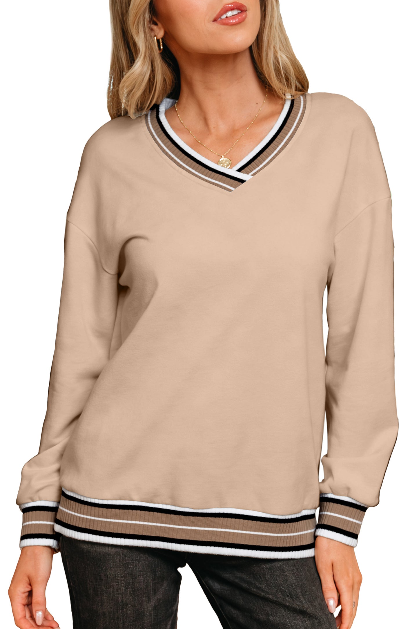 Grey, Taupe or Navy - Striped V Neck Sweatshirt