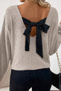 Tan or Wine - Ribbed V Neck Ribbon Bow Back Top