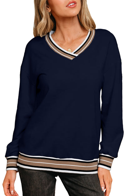 Grey, Taupe or Navy - Striped V Neck Sweatshirt