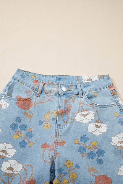 Floral Printed Raw Hem Shift Jeans
