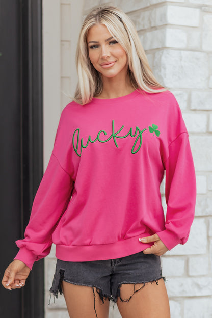 Lucky Embroidered Loose Pullover Sweatshirt