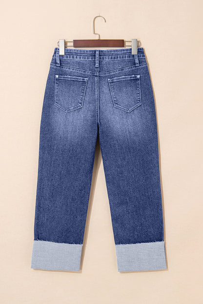 Folded Cuffs Distressed Straight High Waist Jeans