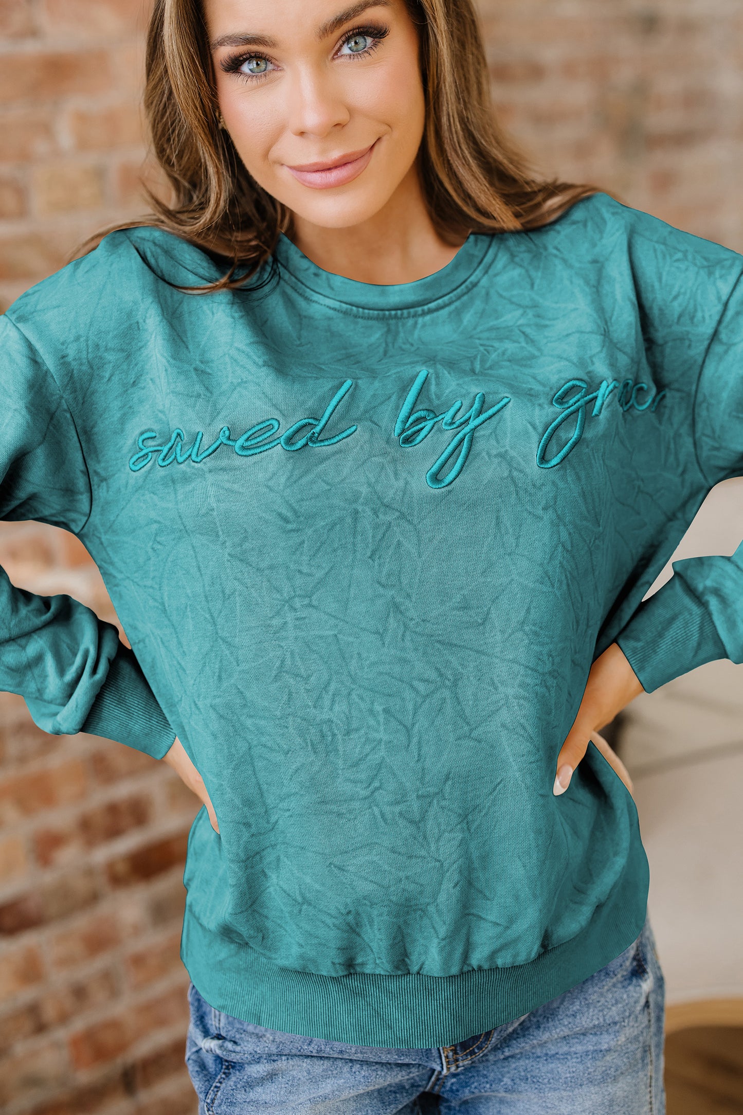 Variety of Colors     saved by grace Embroidered Mineral Wash Sweatshirt