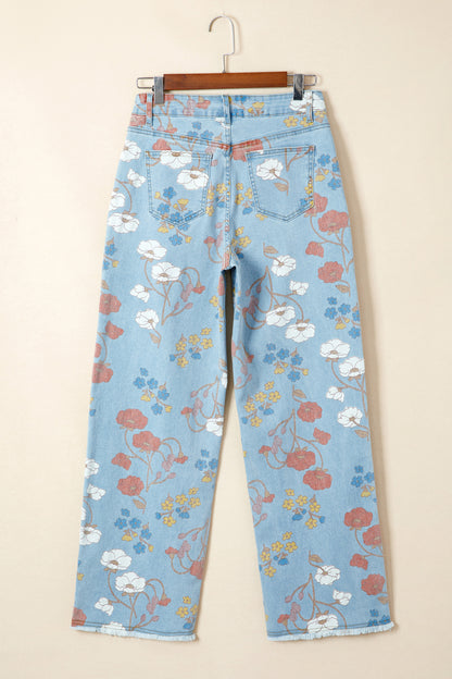 Floral Printed Raw Hem Shift Jeans
