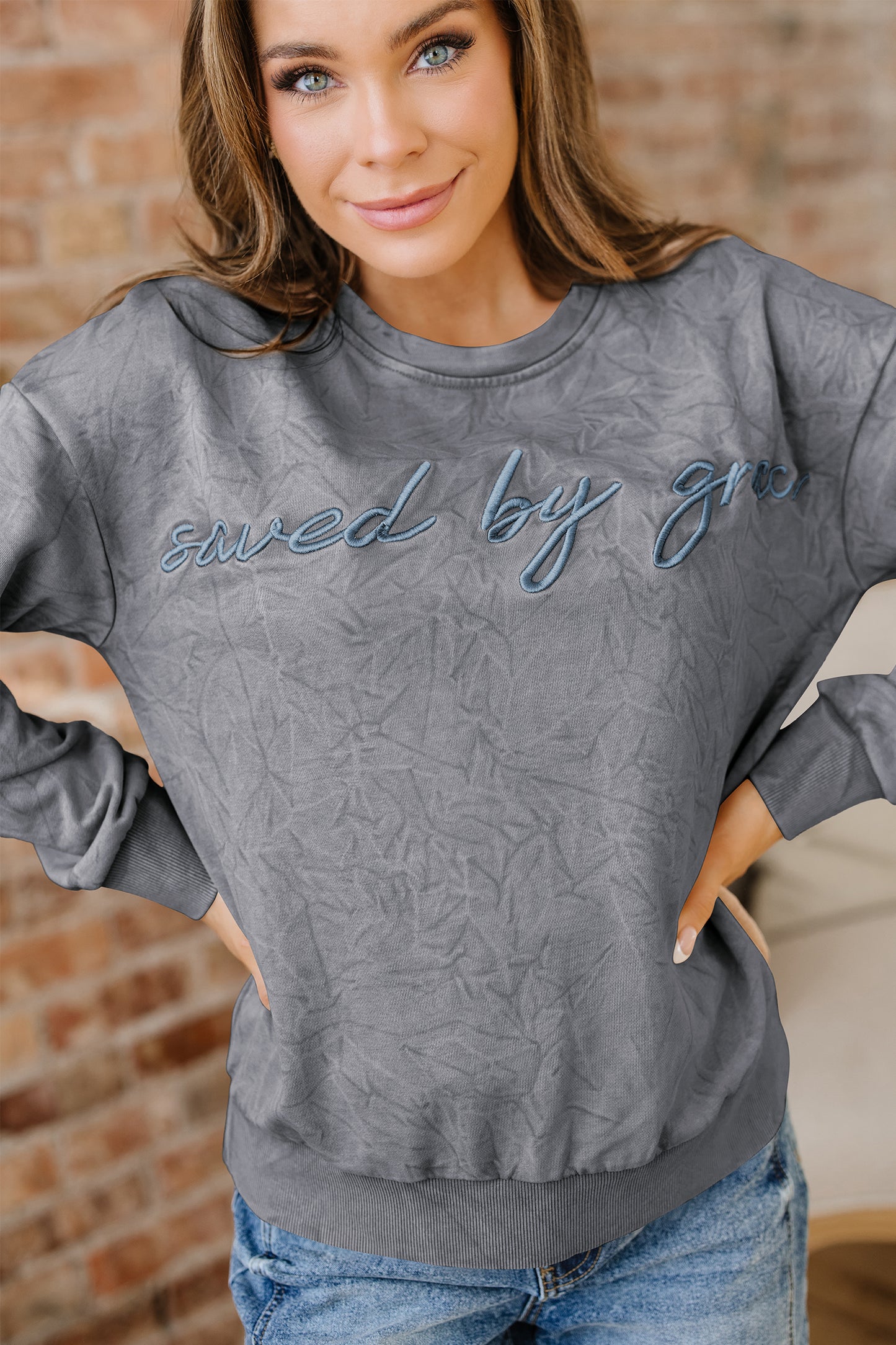 Variety of Colors     saved by grace Embroidered Mineral Wash Sweatshirt