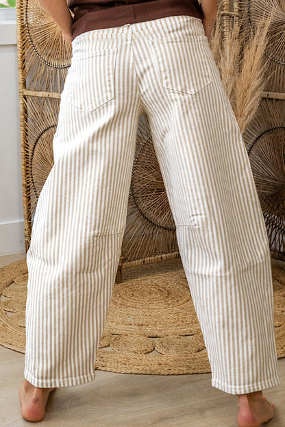 Khaki Stripe Casual Barrel Jeans