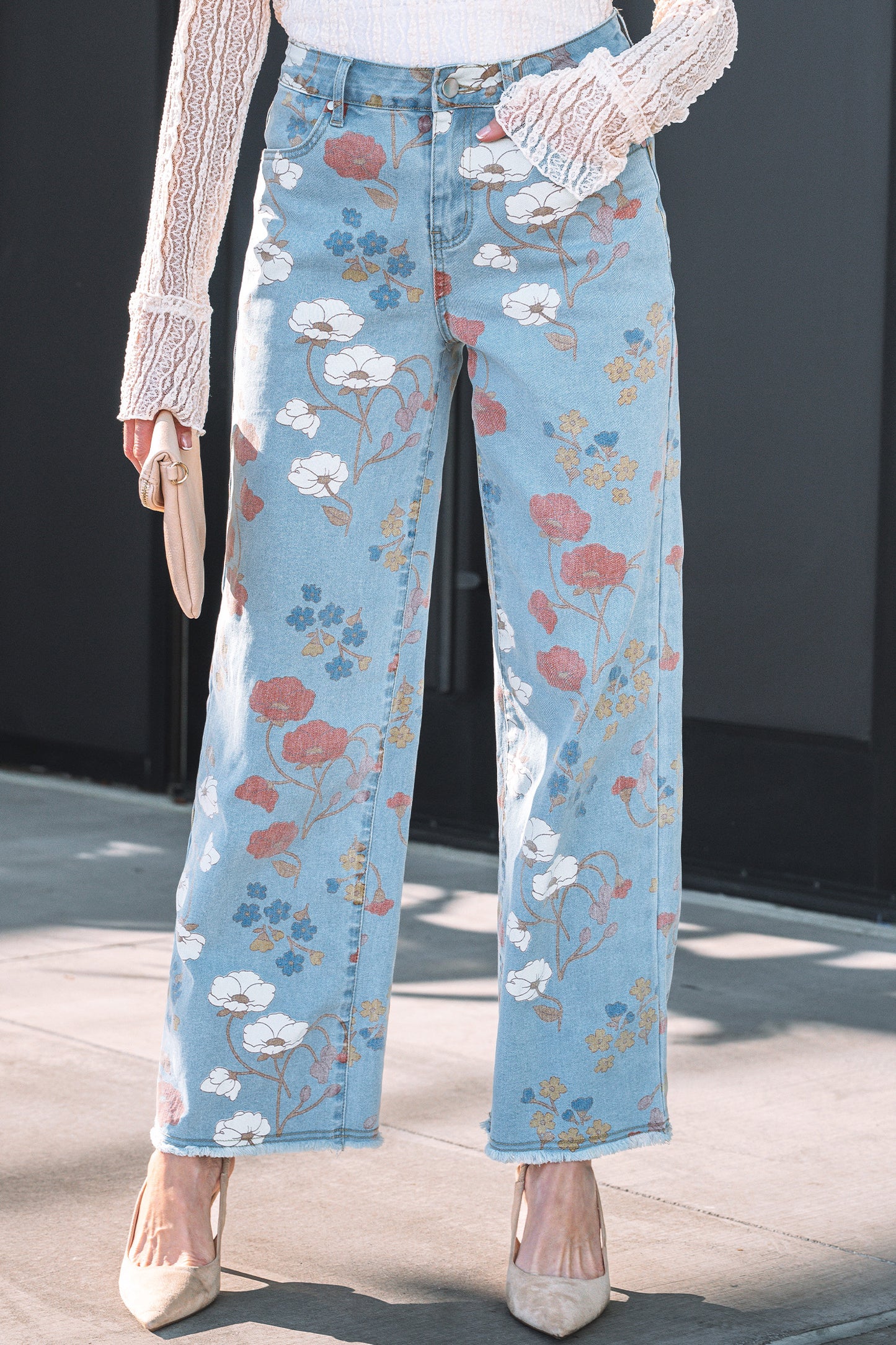 Floral Printed Raw Hem Shift Jeans