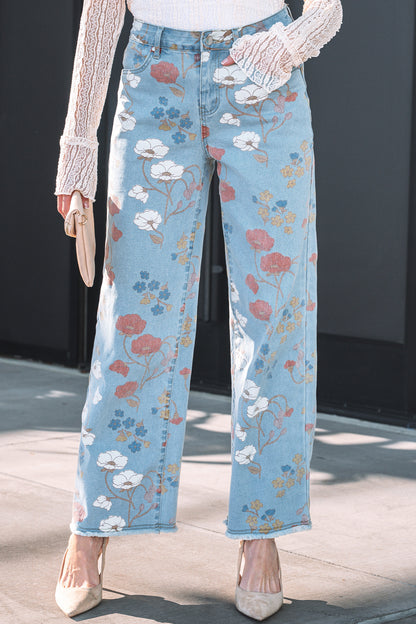 Floral Printed Raw Hem Shift Jeans