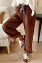 Black, Cinnamon or Cream - Fleece Lined Leopard Drawstring Elastic Waist Solid Pants