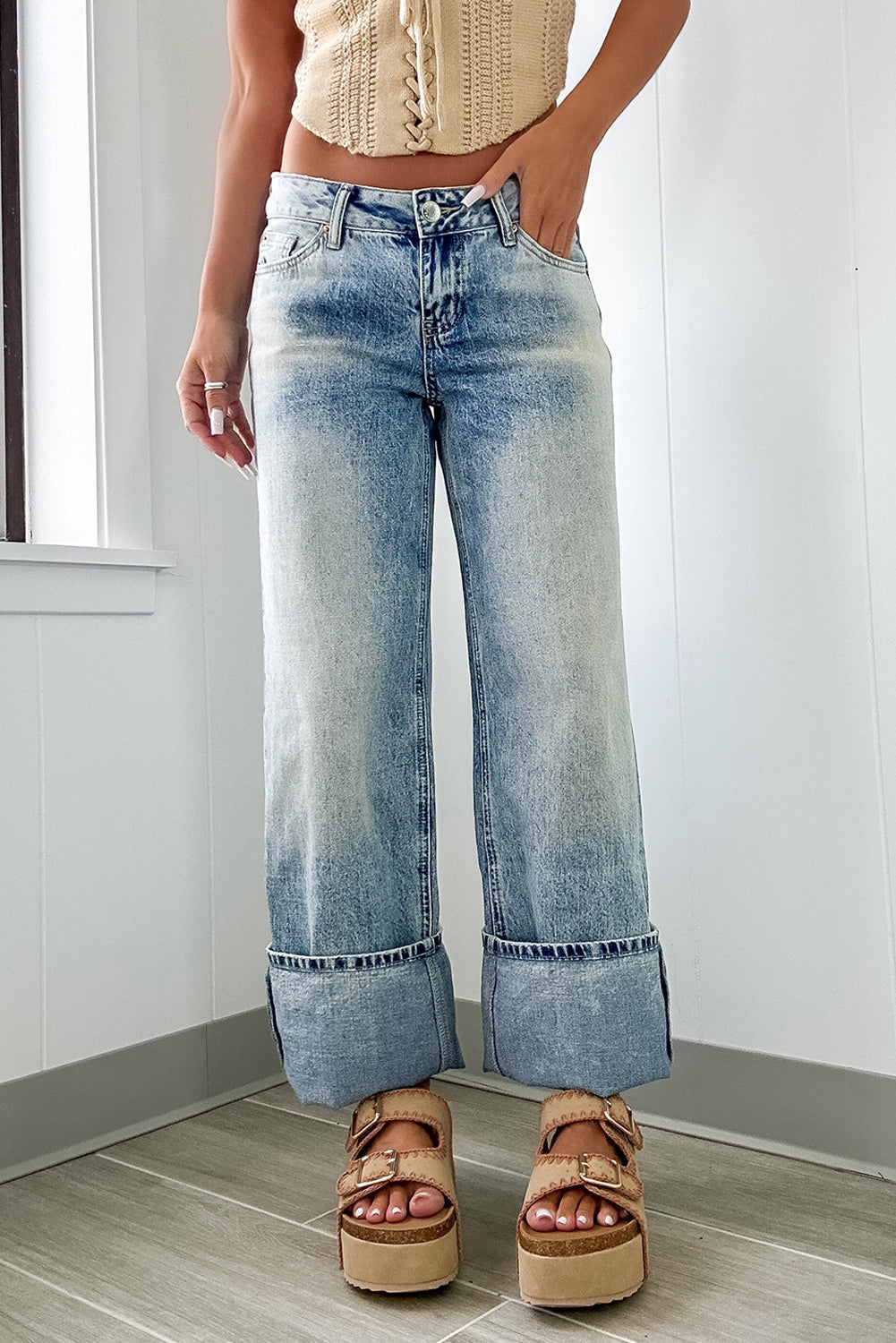 High Rise  Medium Wash Cuffed Jeans