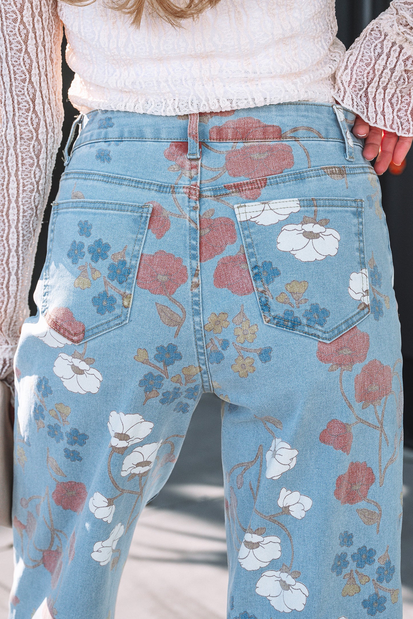 Floral Printed Raw Hem Shift Jeans
