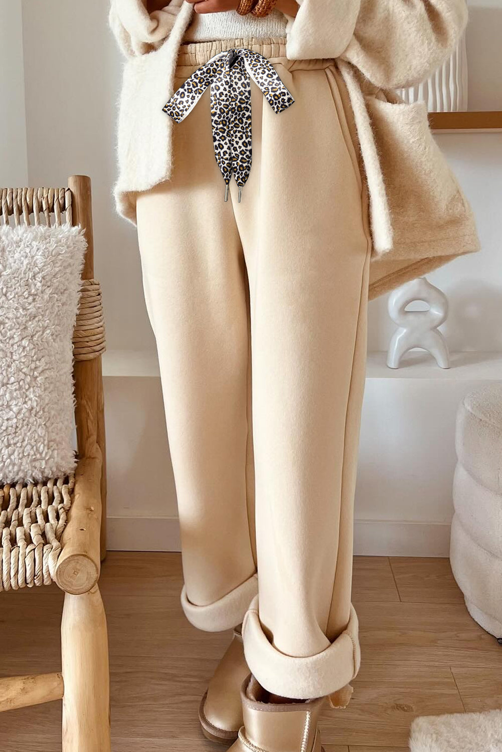 Black, Cinnamon or Cream - Fleece Lined Leopard Drawstring Elastic Waist Solid Pants