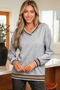 Grey, Taupe or Navy - Striped V Neck Sweatshirt