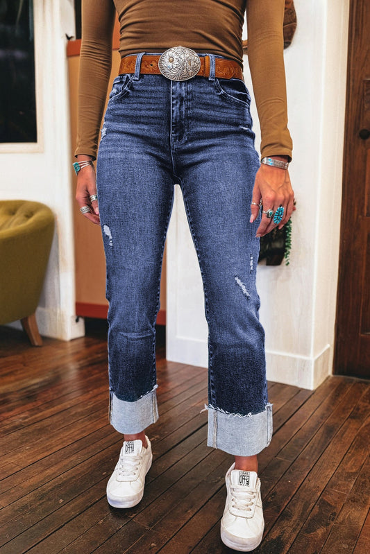 Folded Cuffs Distressed Straight High Waist Jeans