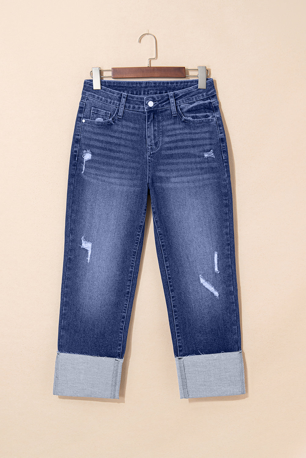 Folded Cuffs Distressed Straight High Waist Jeans