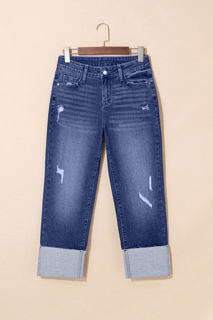 Folded Cuffs Distressed Straight High Waist Jeans