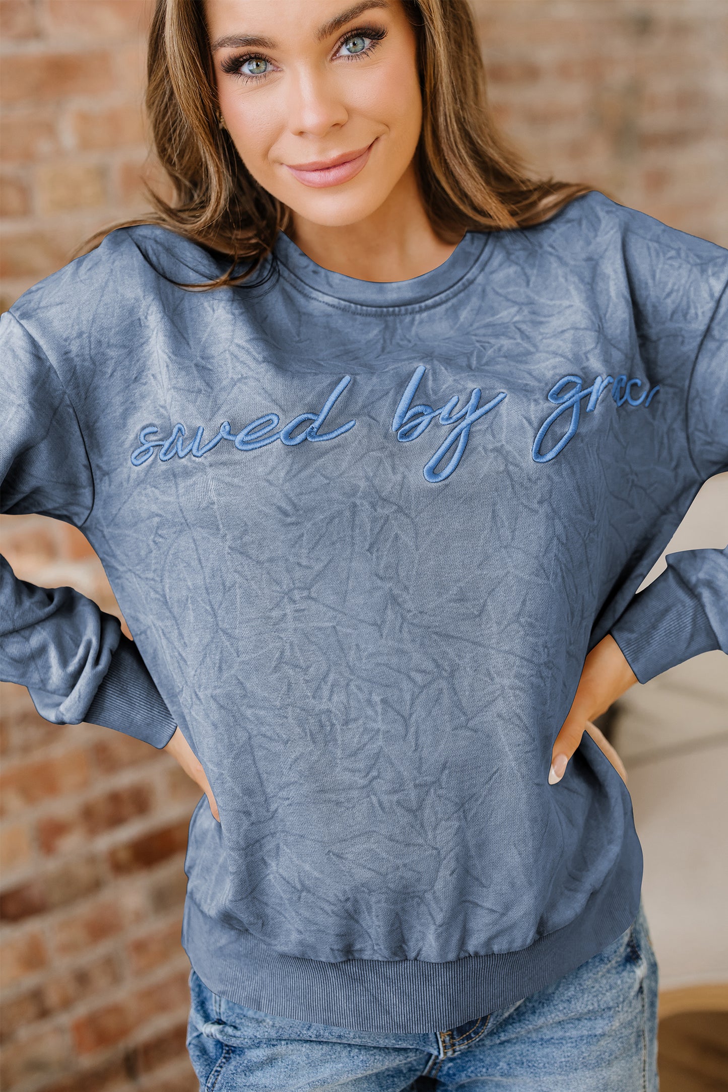 Variety of Colors     saved by grace Embroidered Mineral Wash Sweatshirt