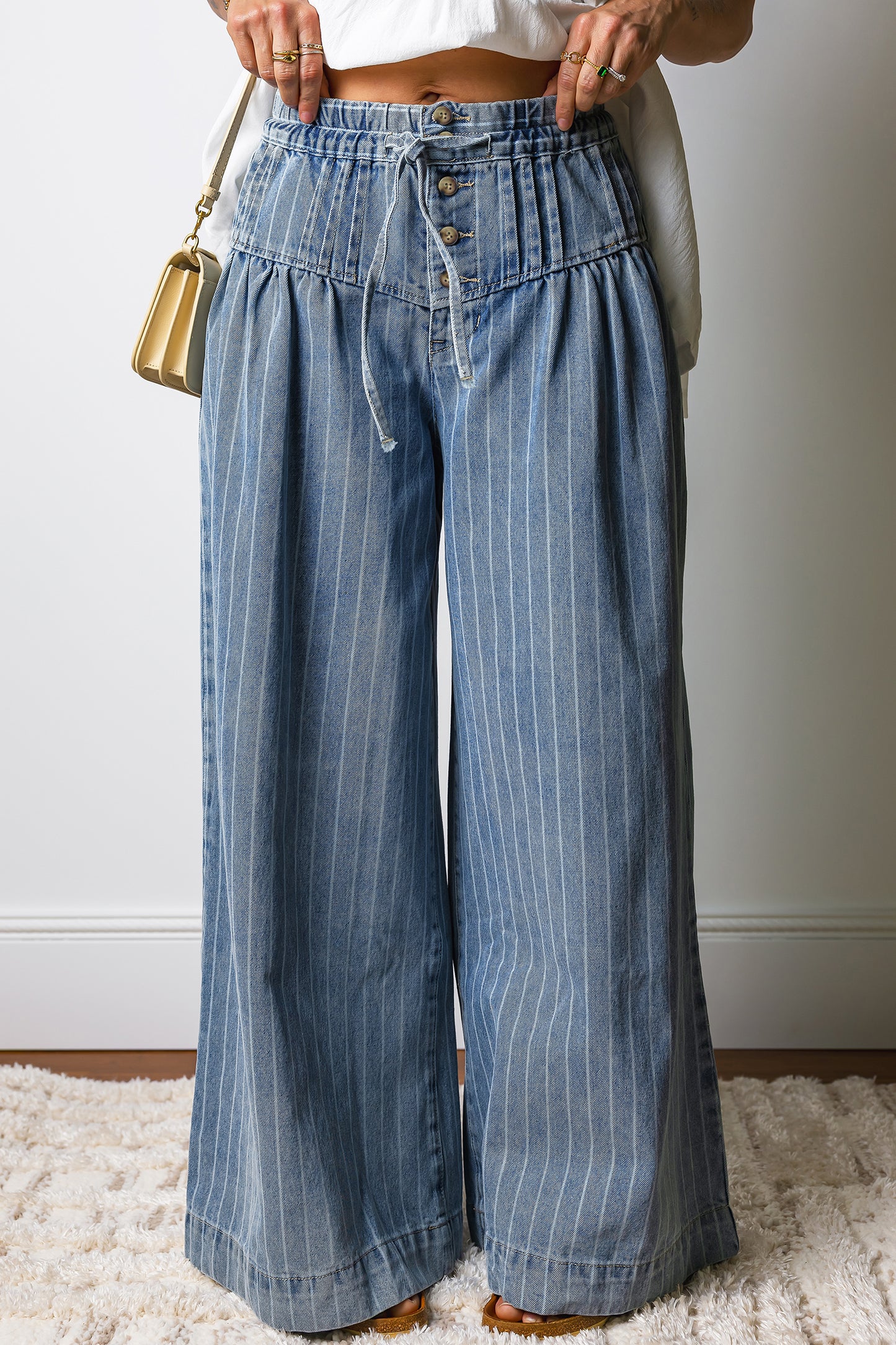 Stripes For The Day Pleated Drawstring Casual Wide Leg Jeans