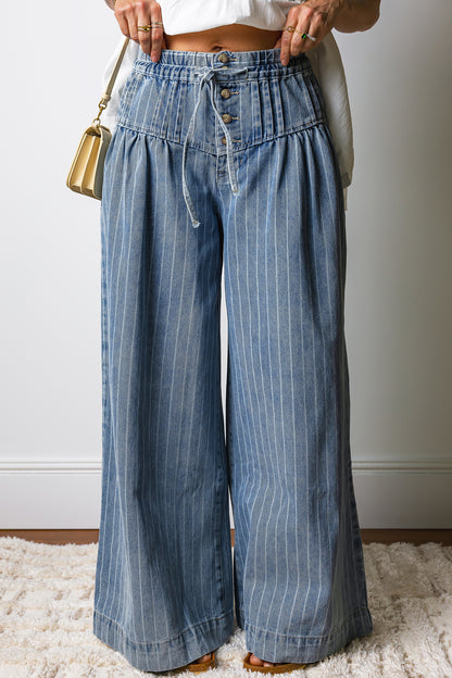 Stripes For The Day Pleated Drawstring Casual Wide Leg Jeans