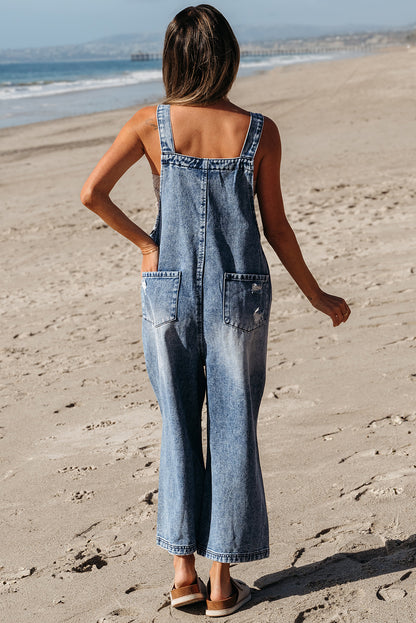Blue Or Black Distressed Wide Leg Denim Overall
