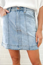 Exposed Seam A-line Denim Mini Skirt with Pockets