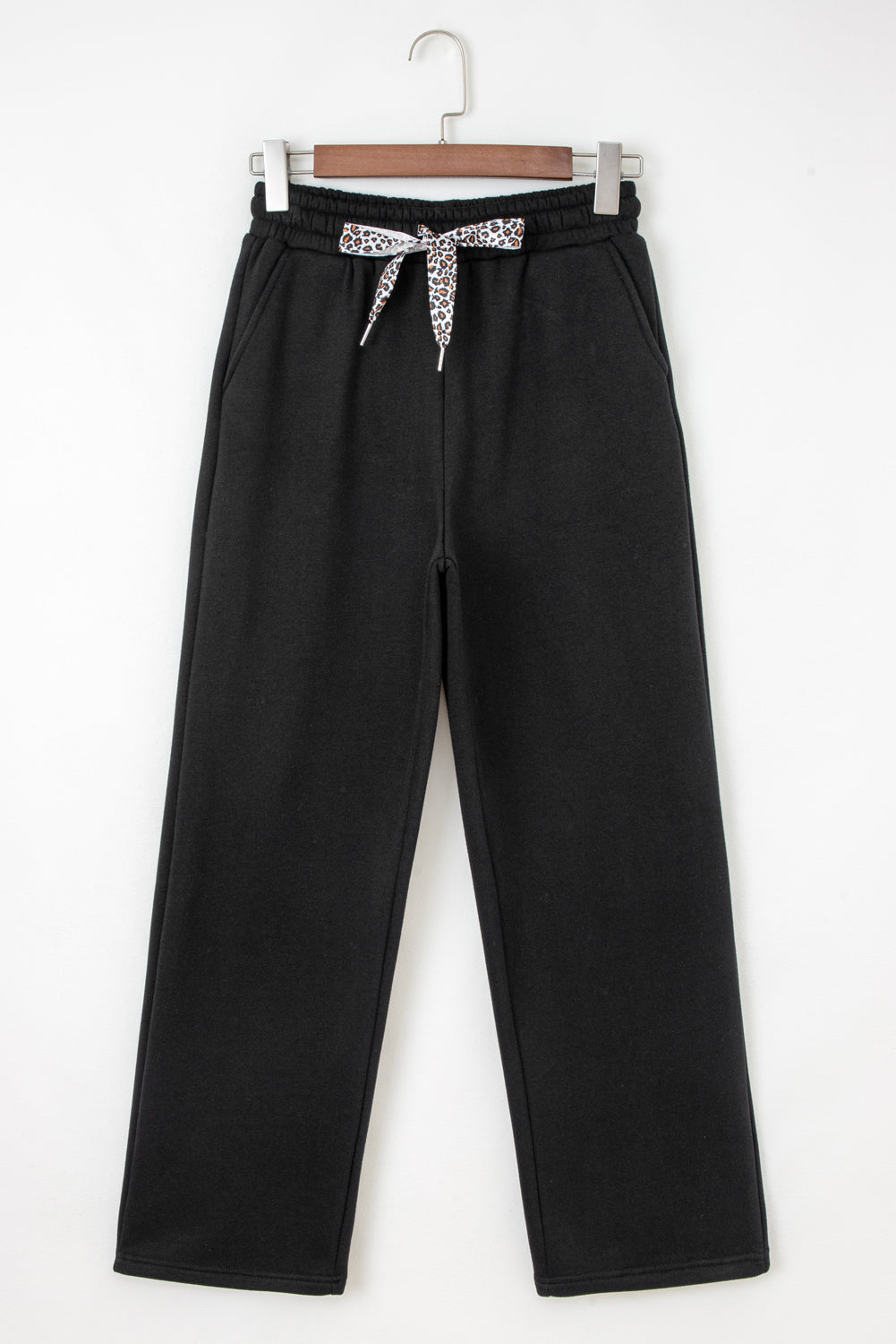 Black, Cinnamon or Cream - Fleece Lined Leopard Drawstring Elastic Waist Solid Pants