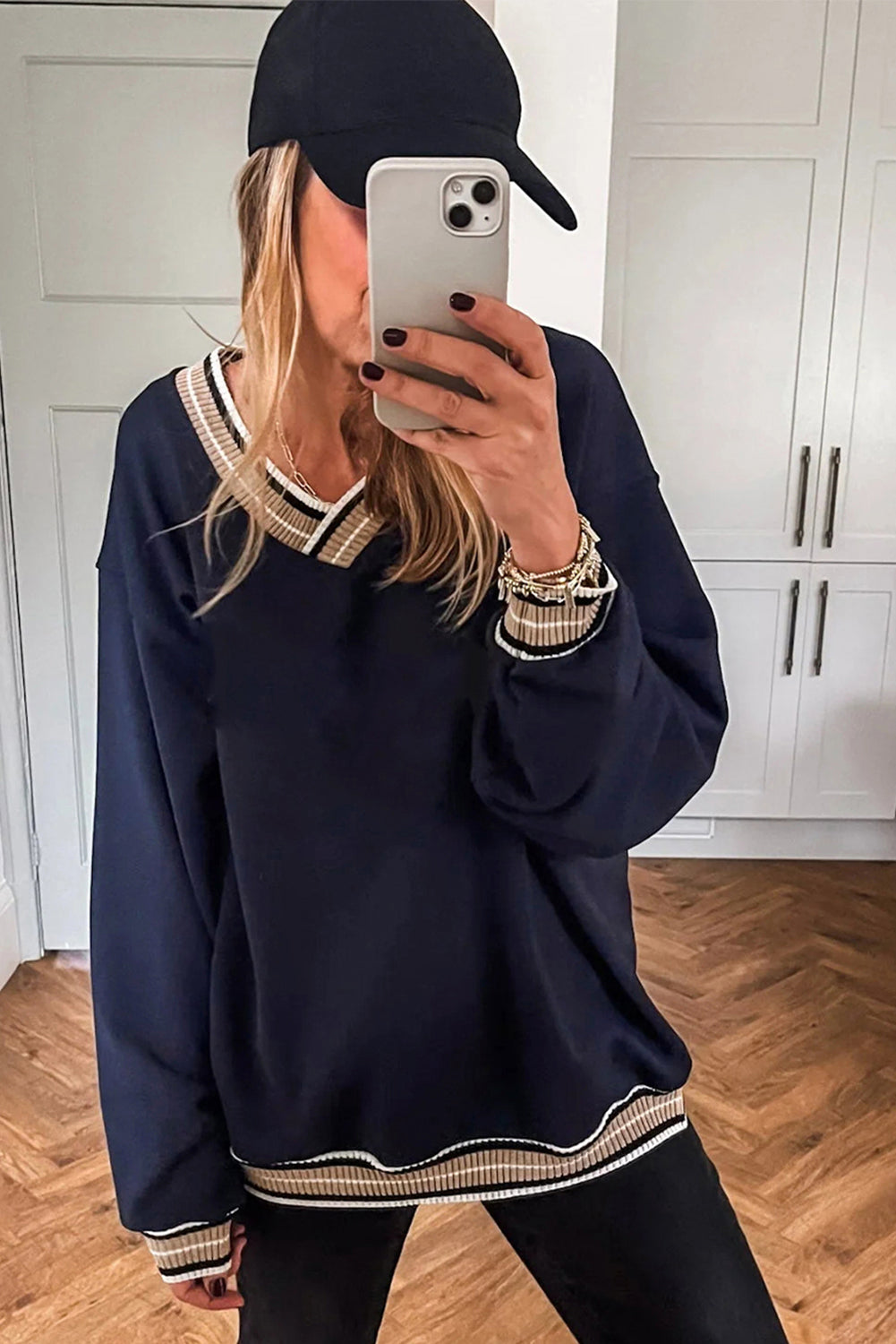 Grey, Taupe or Navy - Striped V Neck Sweatshirt