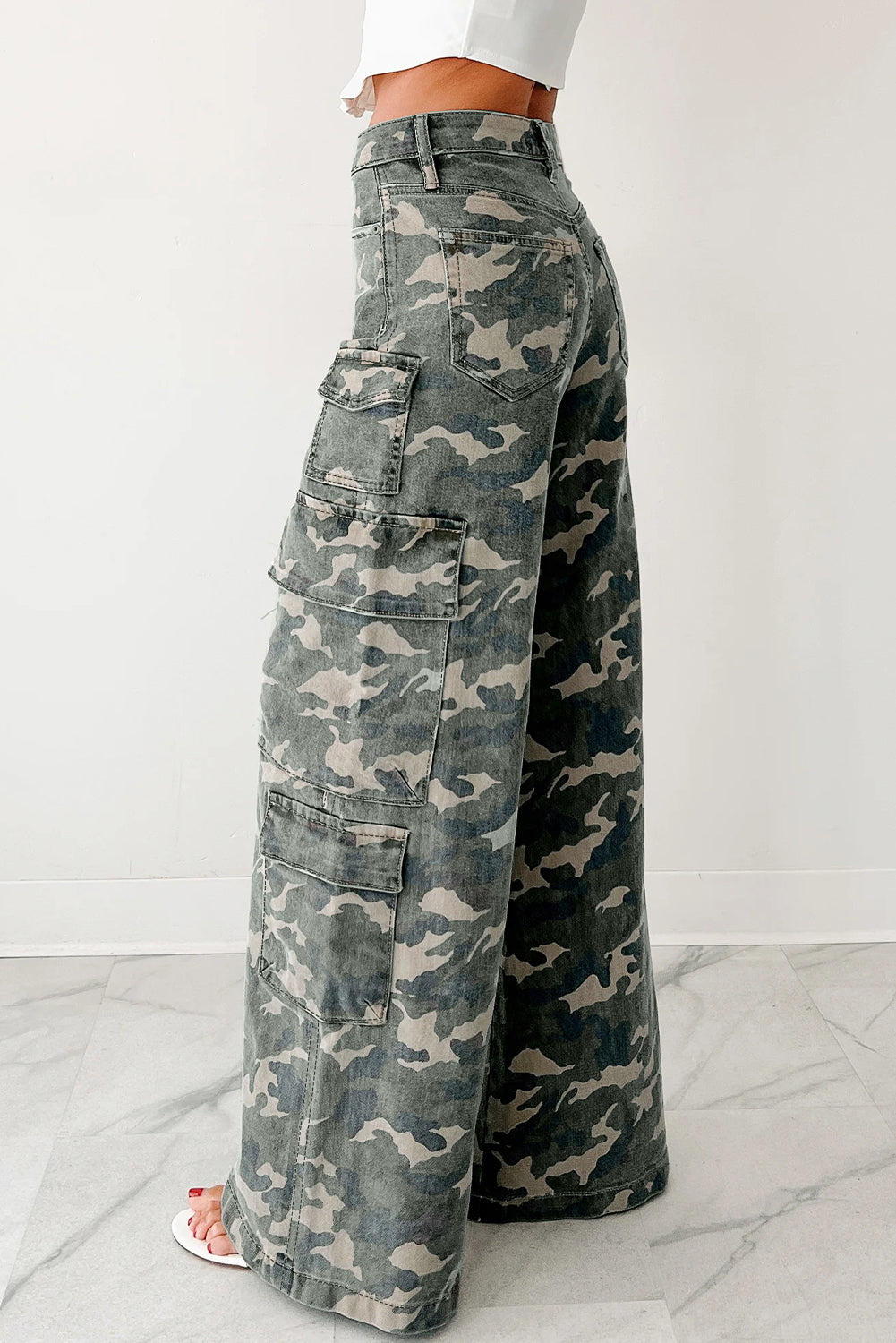 3 Color Options - Camo Denim Cargo Wide Leg Pants