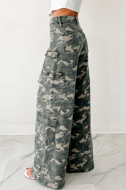 3 Color Options - Camo Denim Cargo Wide Leg Pants
