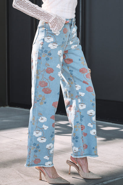 Floral Printed Raw Hem Shift Jeans