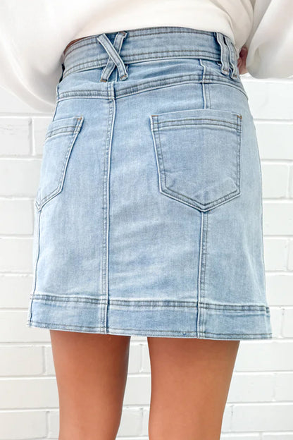Exposed Seam A-line Denim Mini Skirt with Pockets