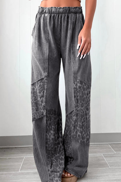Grey or Coffee - Mineral Wash Leopard Patchwork Loose Pants