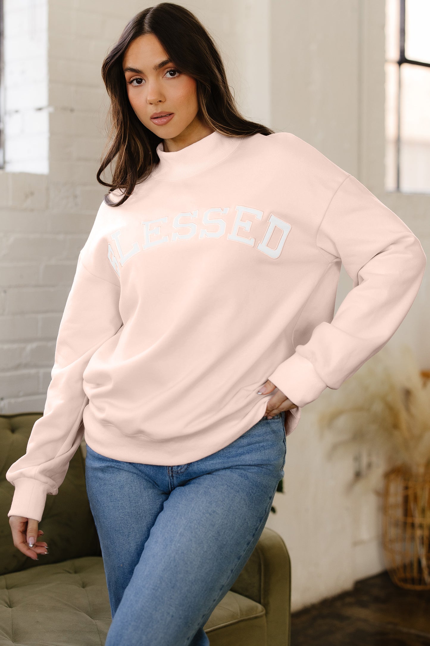 Blessed Embroidered Mock Neck Sweatshirt