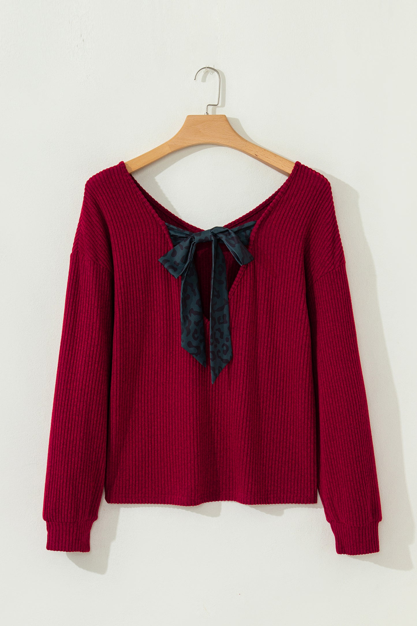 Tan or Wine - Ribbed V Neck Ribbon Bow Back Top