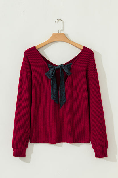 Tan or Wine - Ribbed V Neck Ribbon Bow Back Top