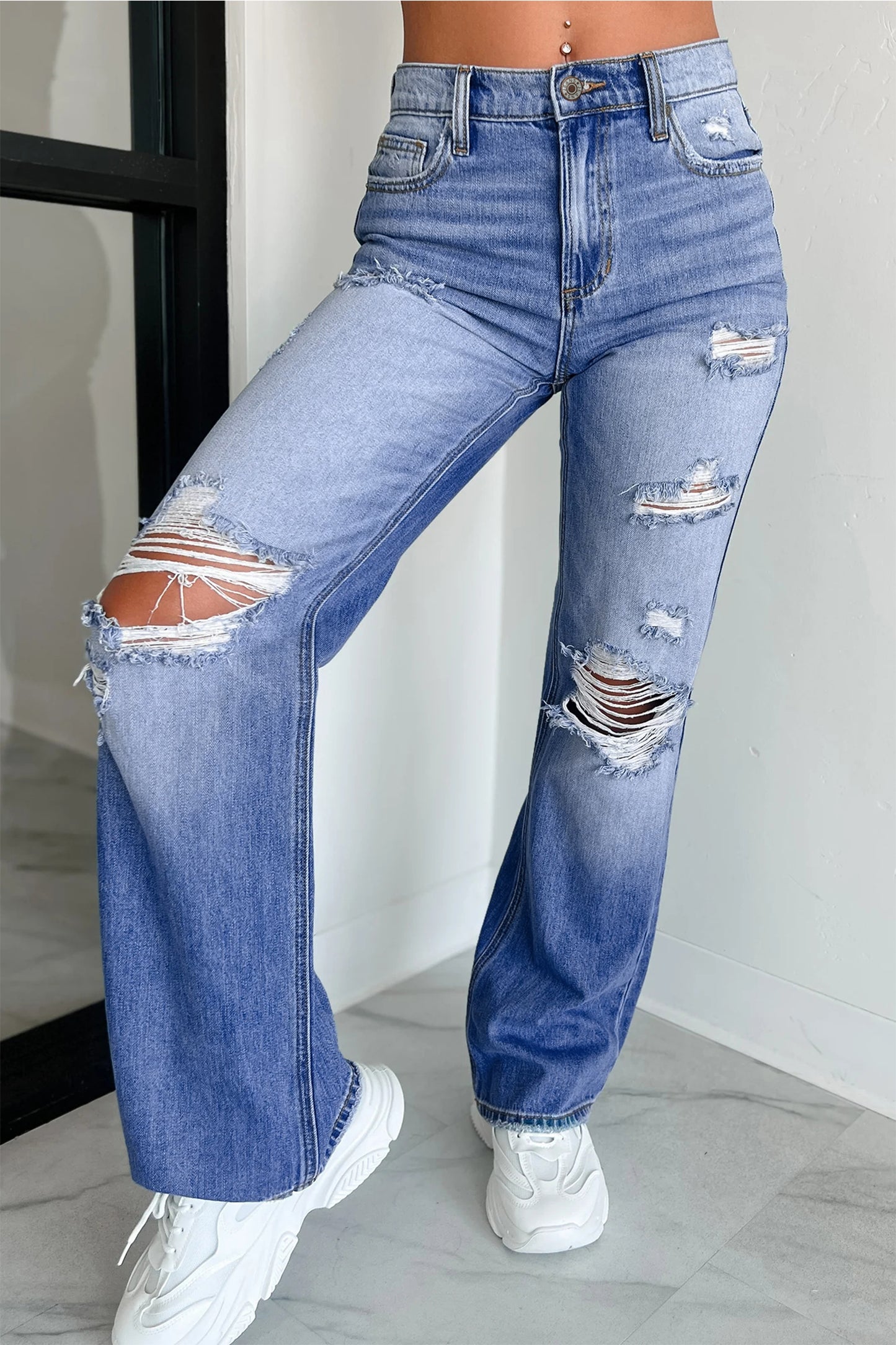 Mid Rise Distressed Sneak Peek Straight Leg Jeans