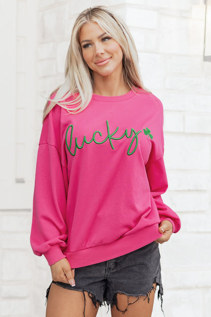 Lucky Embroidered Loose Pullover Sweatshirt