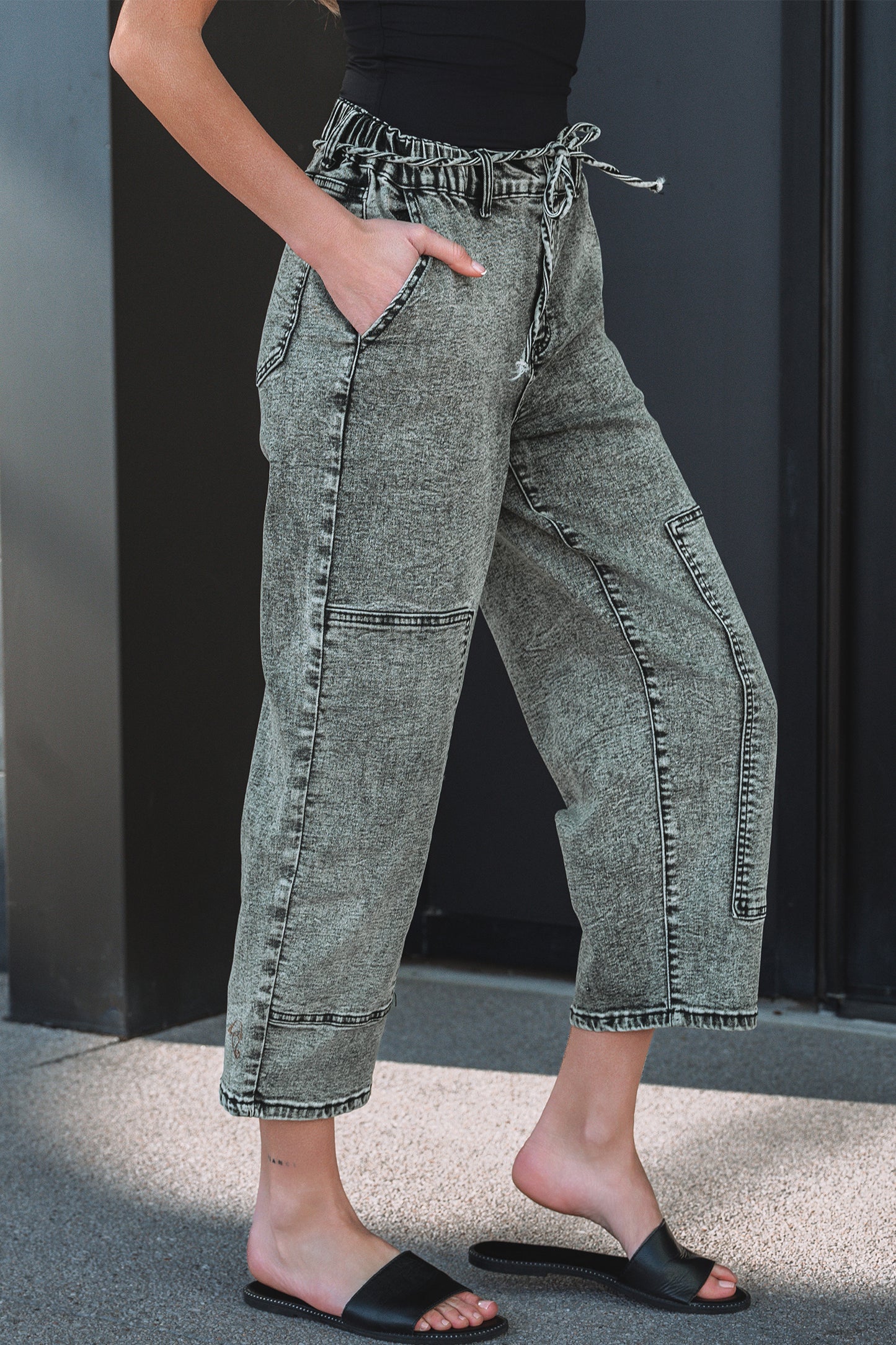 Gray or Taupe - Acid Wash Barrel Fit Denim Pants