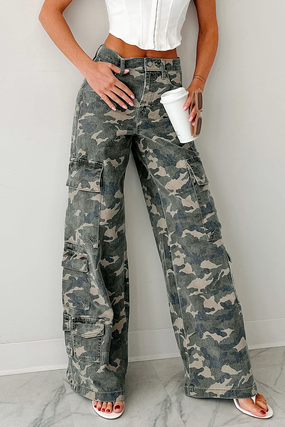 3 Color Options - Camo Denim Cargo Wide Leg Pants
