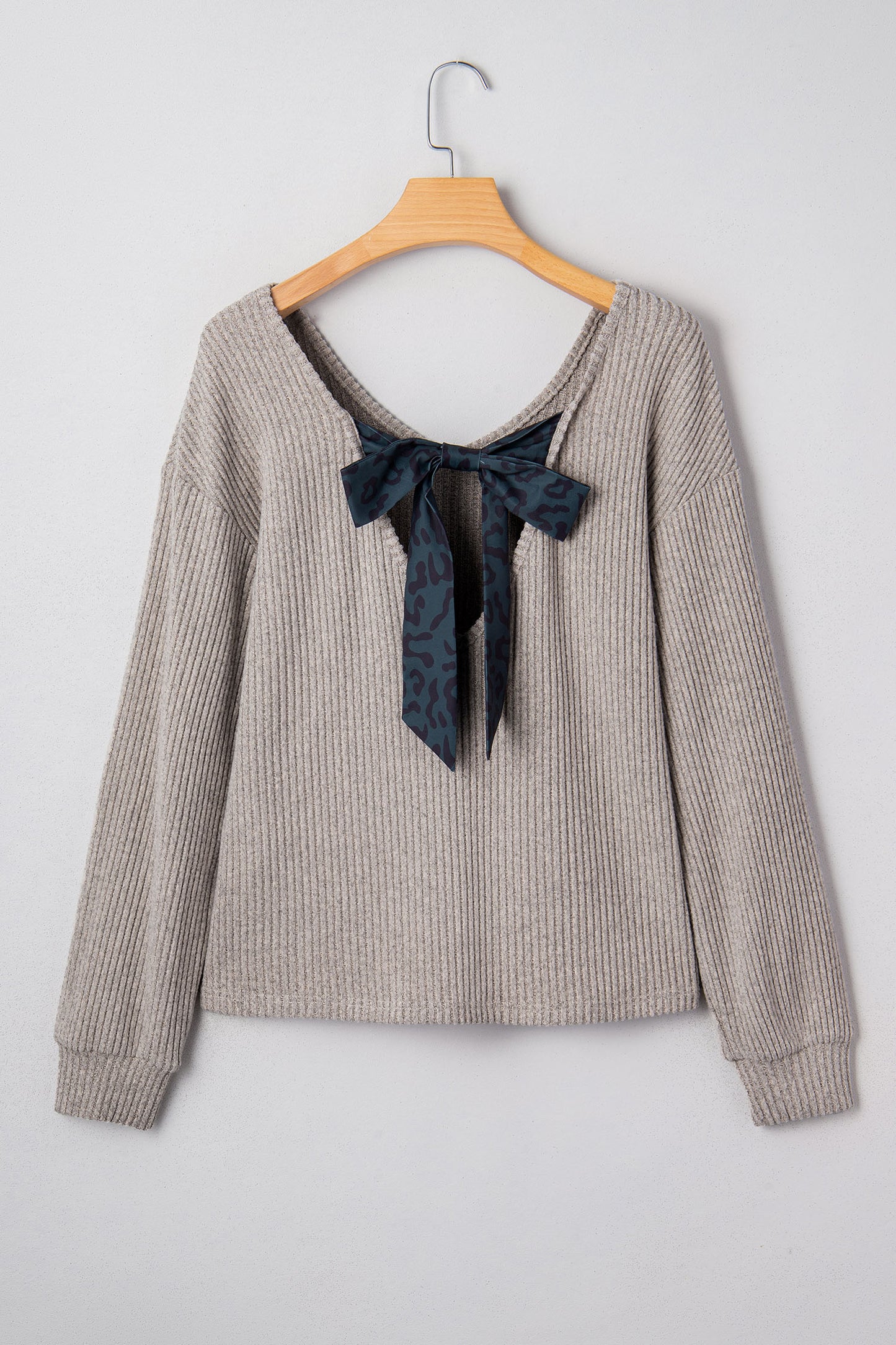 Tan or Wine - Ribbed V Neck Ribbon Bow Back Top