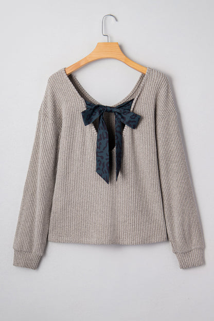 Tan or Wine - Ribbed V Neck Ribbon Bow Back Top