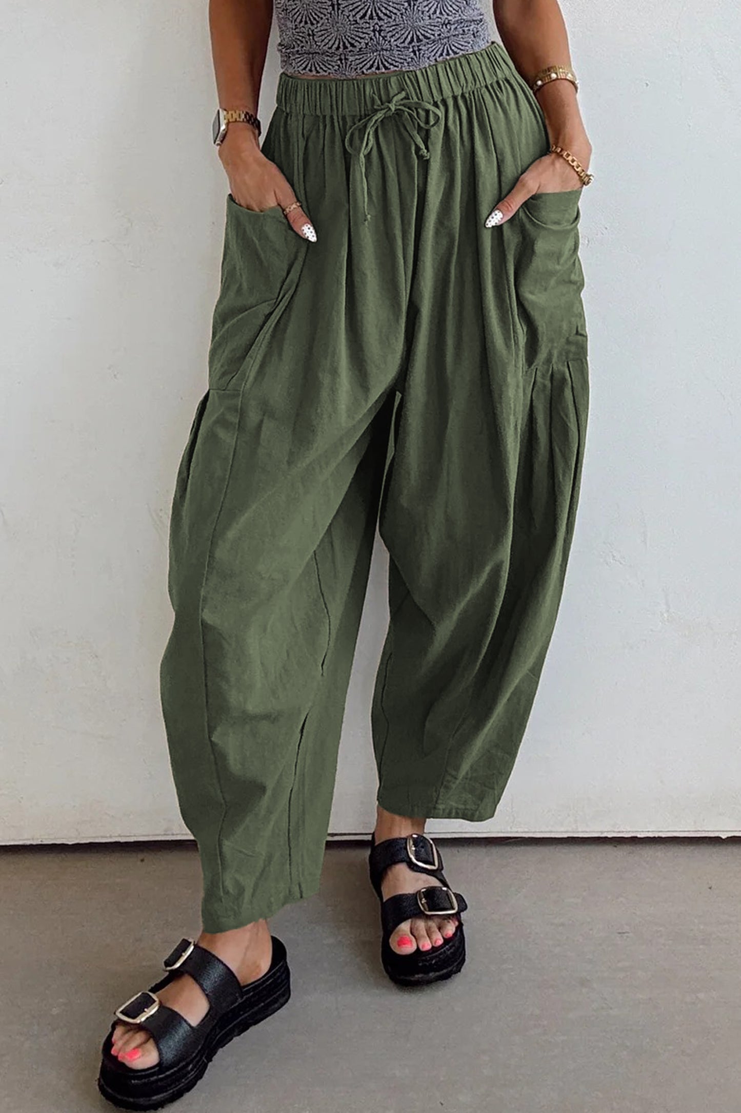 Olive or Black- Barrel Leg Casual Pants