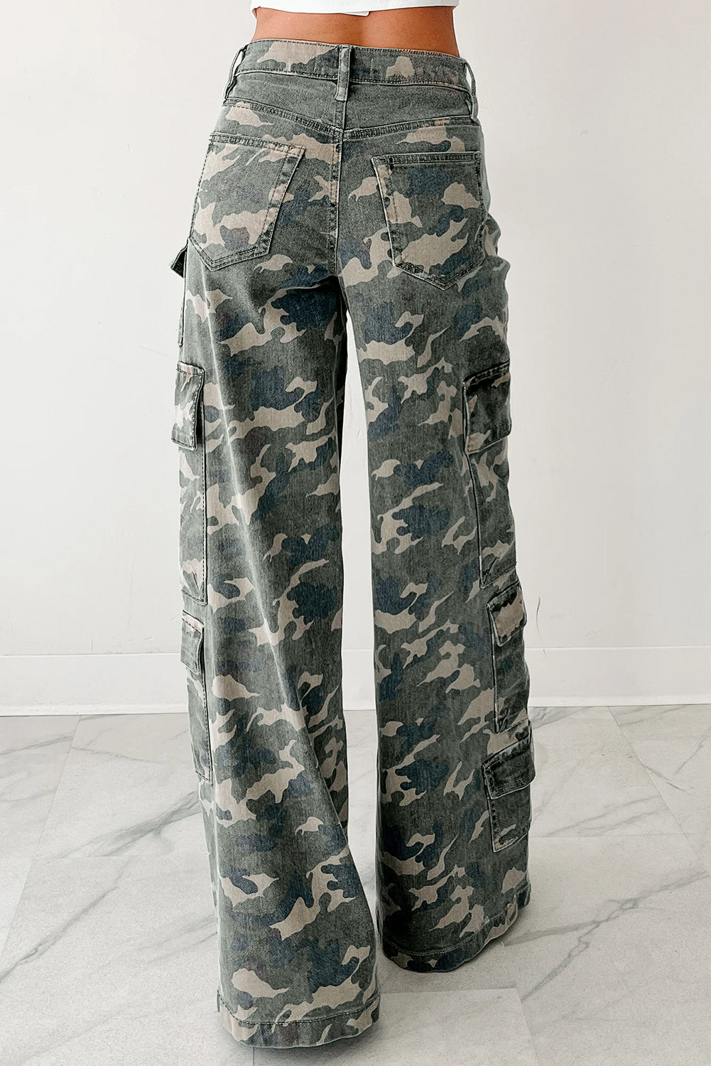 3 Color Options - Camo Denim Cargo Wide Leg Pants