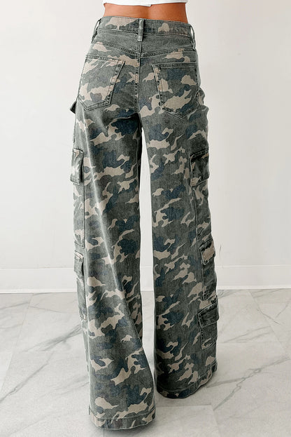 3 Color Options - Camo Denim Cargo Wide Leg Pants