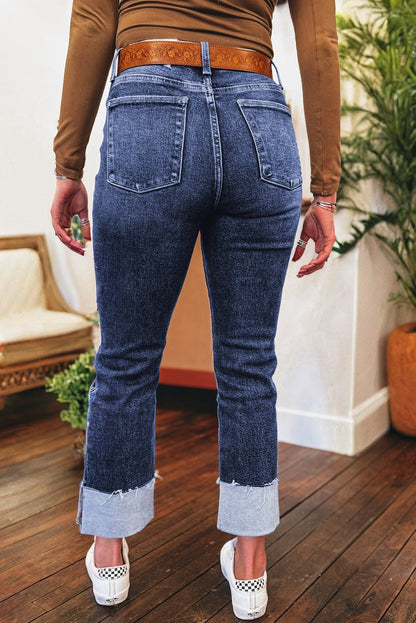 Folded Cuffs Distressed Straight High Waist Jeans